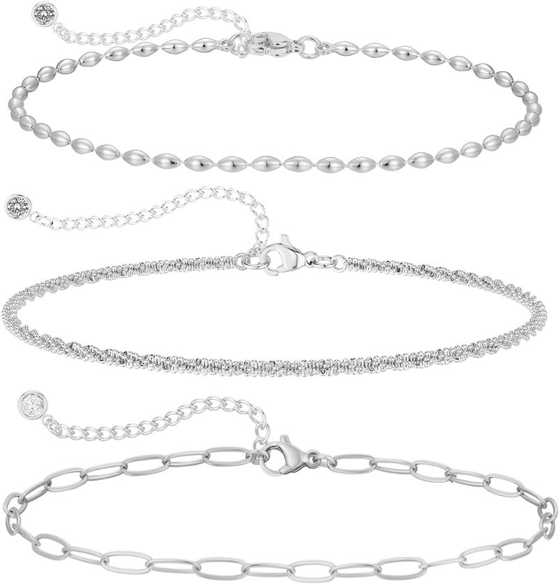 MIDEEO Gold/Silver Ankle Bracelets for Women,14K Gold Anklets for Women Waterproof Cuban Link Heart Beads Herringbone Rhinestone Anklets Set Layered Anklet Bracelets for Women Gold Jewelry Gift - Image 1